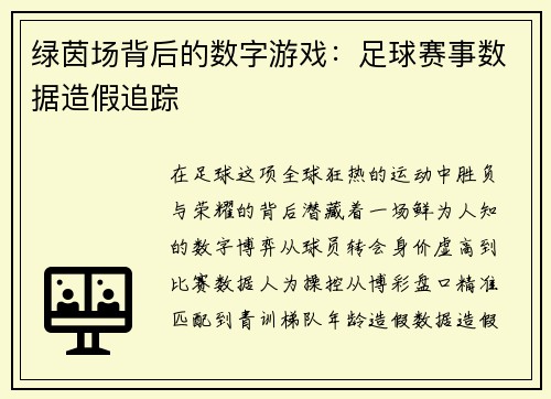 绿茵场背后的数字游戏：足球赛事数据造假追踪