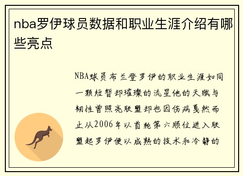 nba罗伊球员数据和职业生涯介绍有哪些亮点